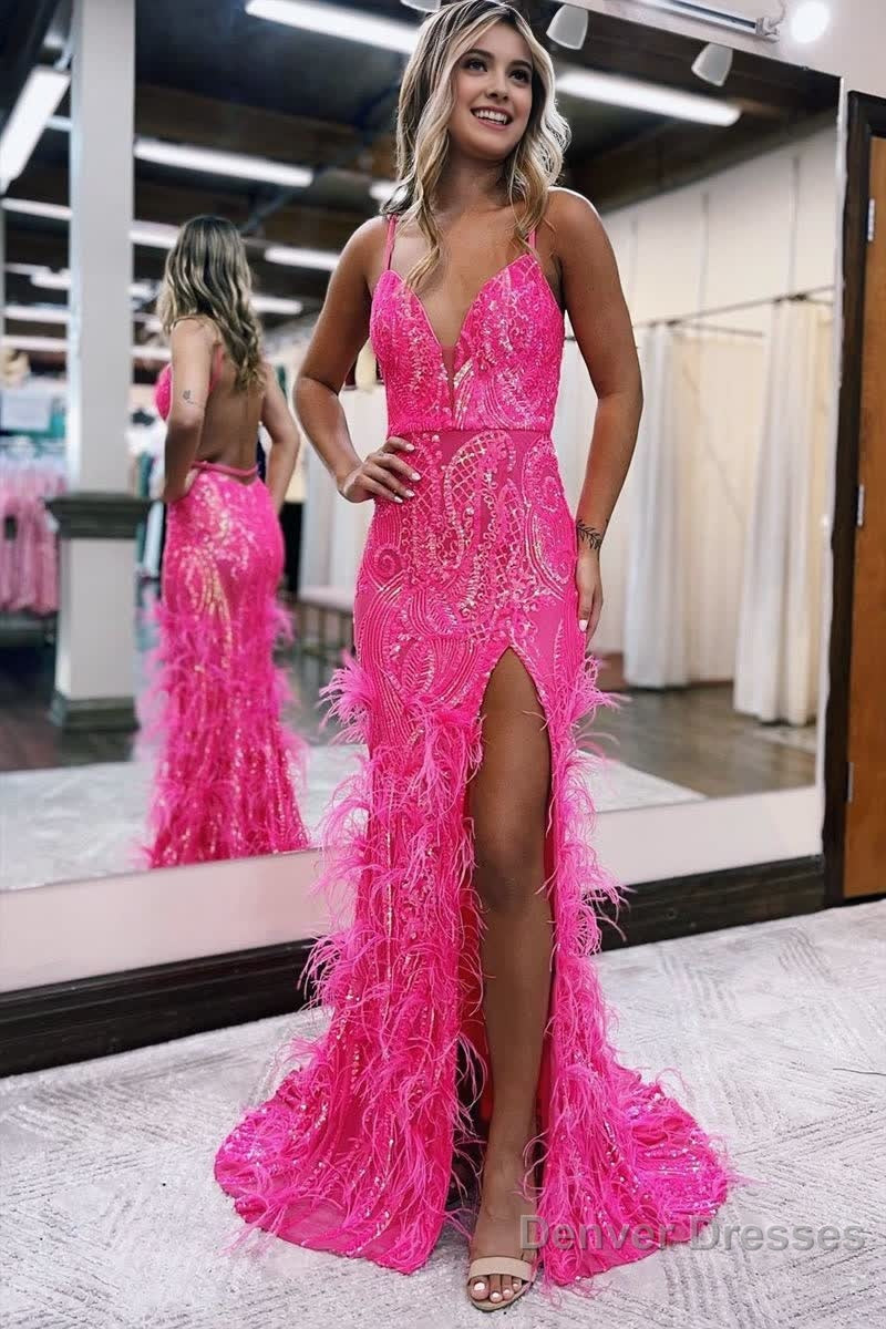 Sequin Lace V Neck Mermaid Prom Dresses with Slit