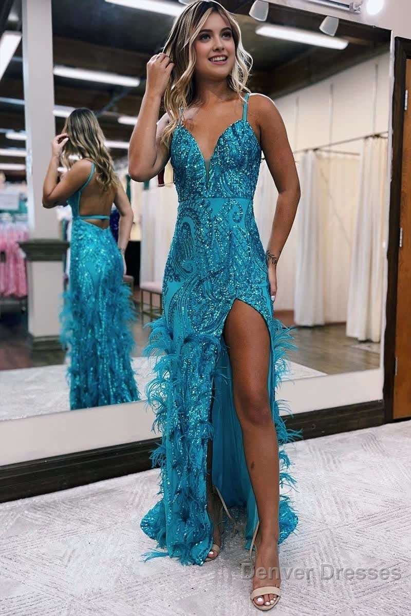 Sequin Lace V Neck Mermaid Prom Dresses with Slit Main image