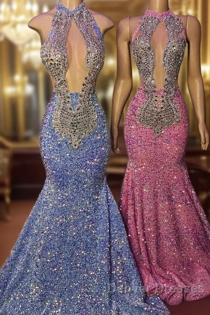 Sequin Mermaid Pink High Neck Crystals Prom Dress Main image