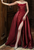 Sequin Mermaid Strapless Sleeveless Party Dress Red Long Prom Dresses