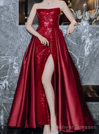Sequin Mermaid Strapless Sleeveless Party Dress Red Long Prom Dresses