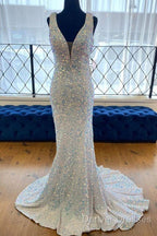 Sequin White Iridescent Formal Dress Cheap V Neck Sleeveless Prom Dress Uk