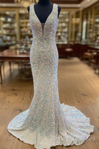 Sequin White Iridescent Formal Dress Cheap V Neck Sleeveless Prom Dress Uk