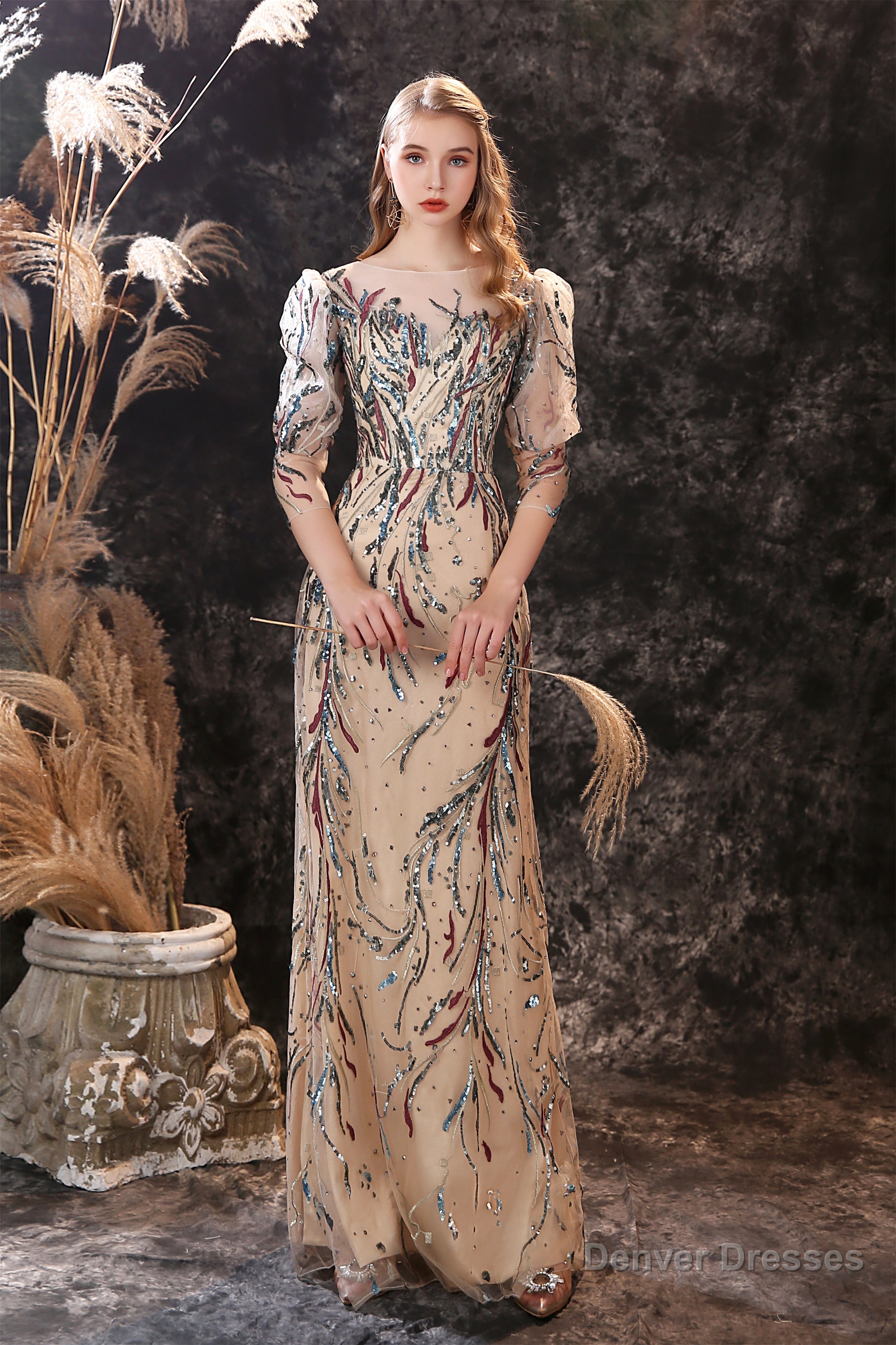 Sequined Lace Champagne Mermaid Prom Dresses Main image