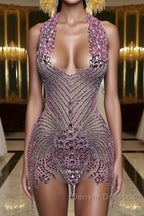 Sequined Mermaid Halter Jersey Beading Sleeveless Mini Rhinestone Party Dress With Feather