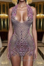 Sequined Mermaid Halter Jersey Beading Sleeveless Mini Rhinestone Party Dress With Feather