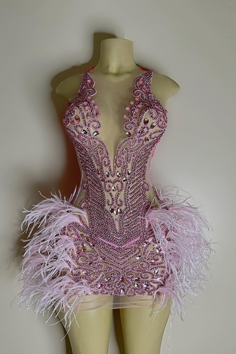 Sequined Mermaid Jewel Jersey Beading Sleeveless Mini Rhinestone Party Dress With Feather Main image