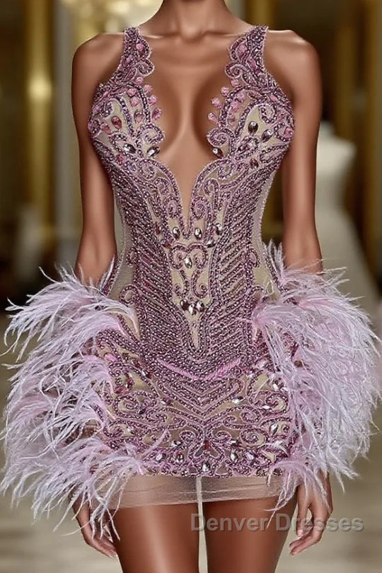 Sequined Mermaid Jewel Jersey Beading Sleeveless Mini Rhinestone Party Dress With Feather Main image