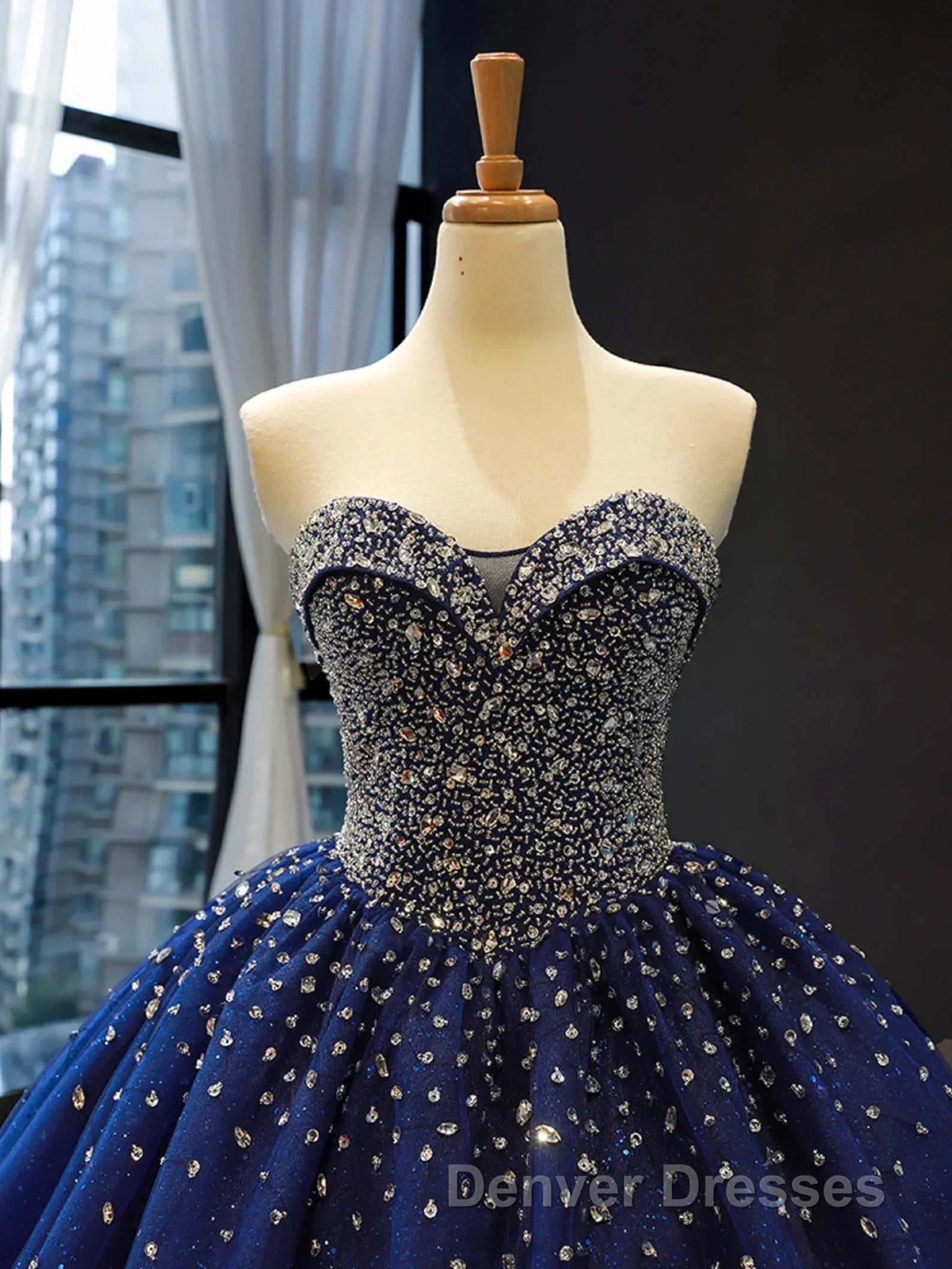 Sequined Navy Blue Quinceanera Dress Ball Gown Dress