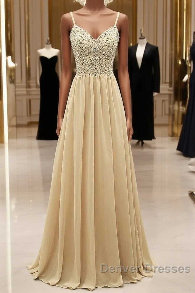 Sequined  Spaghetti Straps Chiffon Long Prom Dress