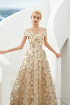 Sequined V Neck A Line Off Shoulder Strap Long Floor Length Prom Dresses