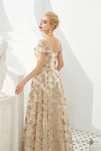 Sequined V Neck A Line Off Shoulder Strap Long Floor Length Prom Dresses