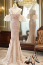 Sequins And Tulle Mermaid Long Party Dress Prom Dress, Off Shoulder Formal Dress