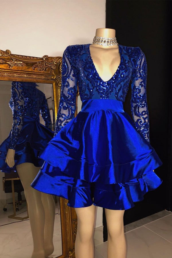 Sequins Appliques Long Sleevess V-Neck Layers Short Homecoming Dresses