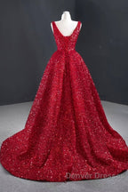 Sequins Asymmetrical Red Evening Dress Sleeveless Deep-V Prom Formal Dress