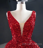 Sequins Asymmetrical Red Evening Dress Sleeveless Deep-V Prom Formal Dress