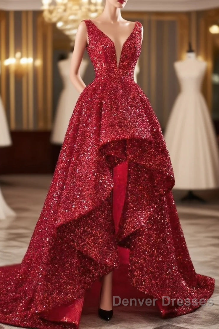 Sequins Asymmetrical Red Evening Dress Sleeveless Deep-V Prom Formal Dress Main image