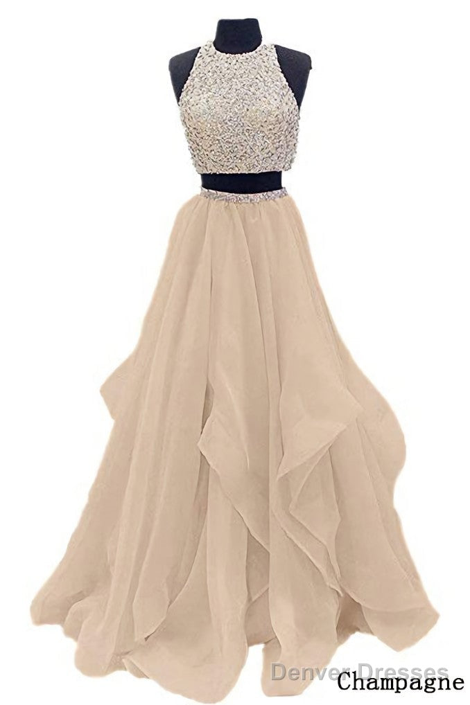 Sequins Beaded Organza Layered Two Piece Ball Gowns Prom Dresses,Wedding Party Dresses