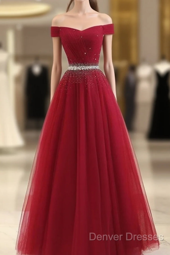 Sequins Burgundy Long Off The Shoulder Prom Dress