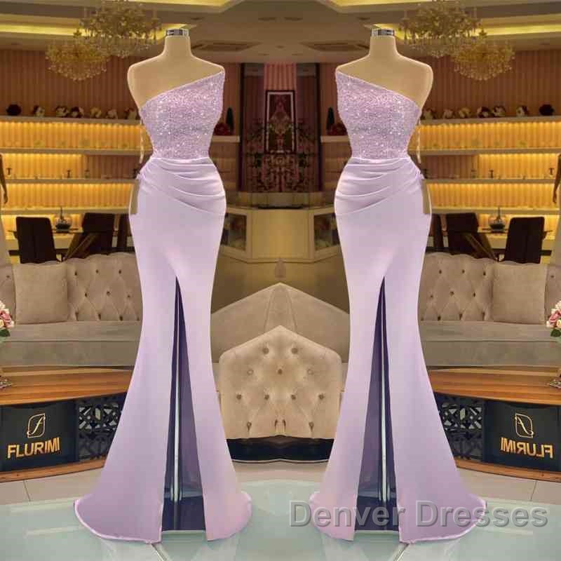 Sequins Formal Dress Light Purple Mermaid Prom Dress Long Slit Strapless