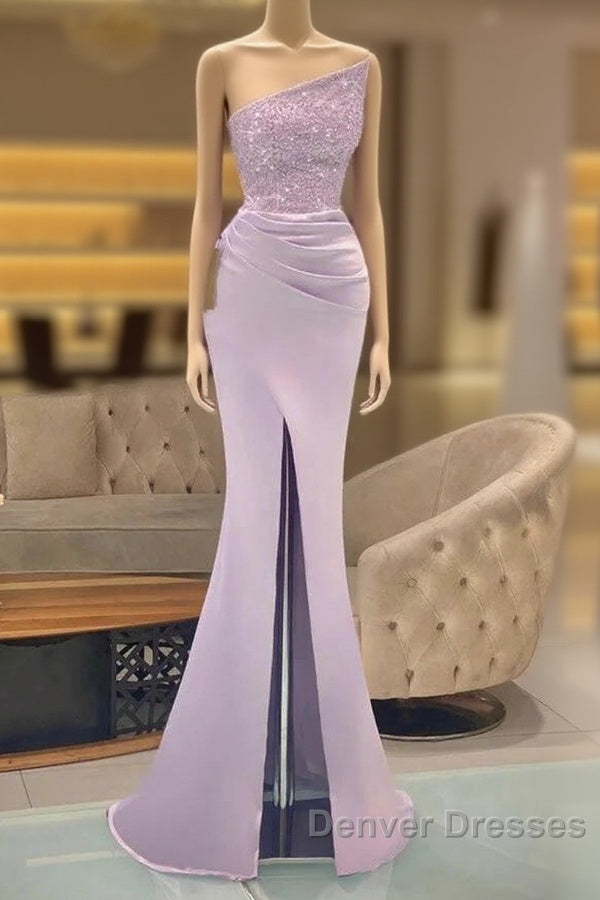 Sequins Formal Dress Light Purple Mermaid Prom Dress Long Slit Strapless