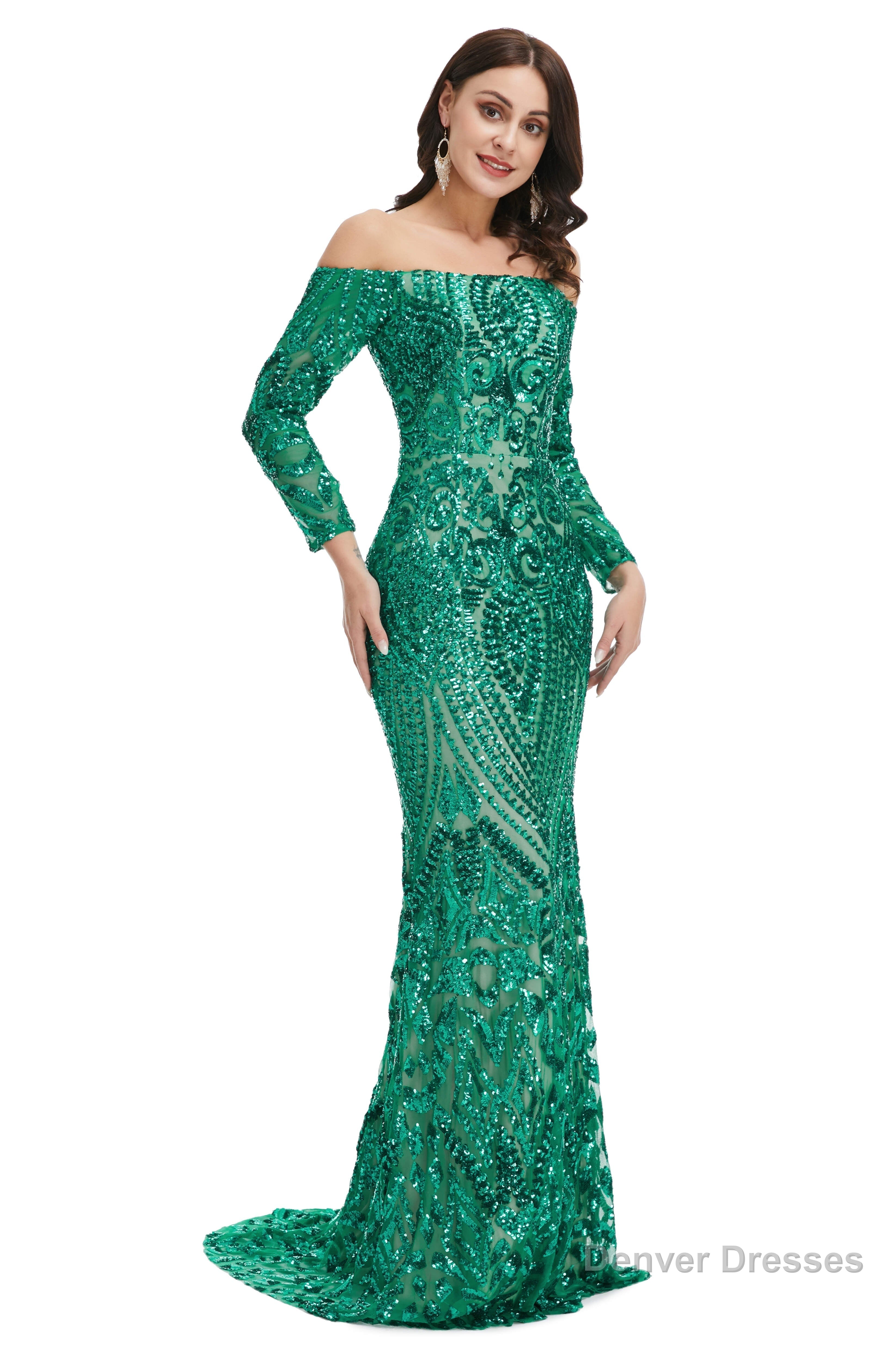 Sequins Mermaid Long Sleeves Off the Shoulder Evening Dresses