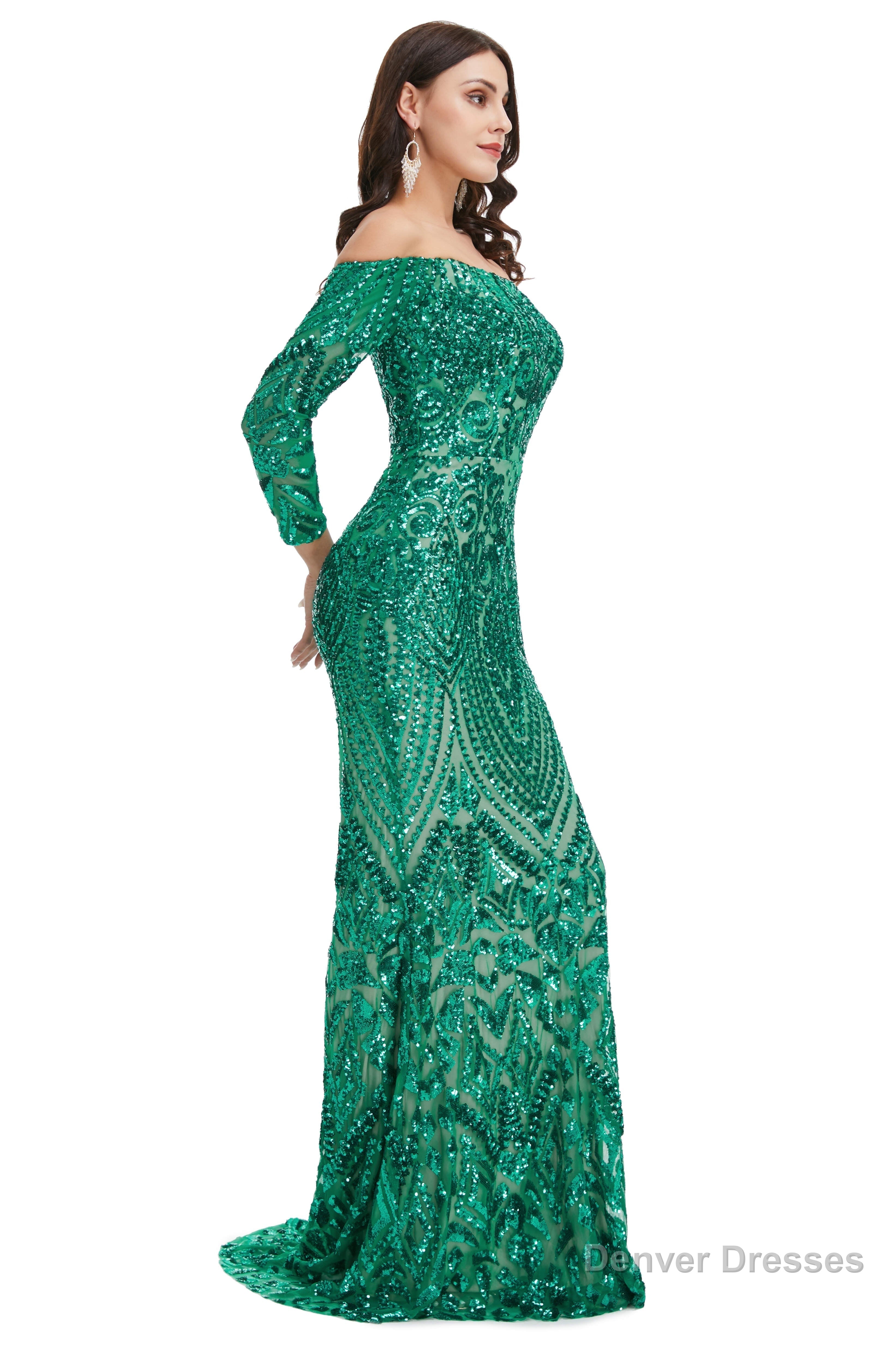 Sequins Mermaid Long Sleeves Off the Shoulder Evening Dresses