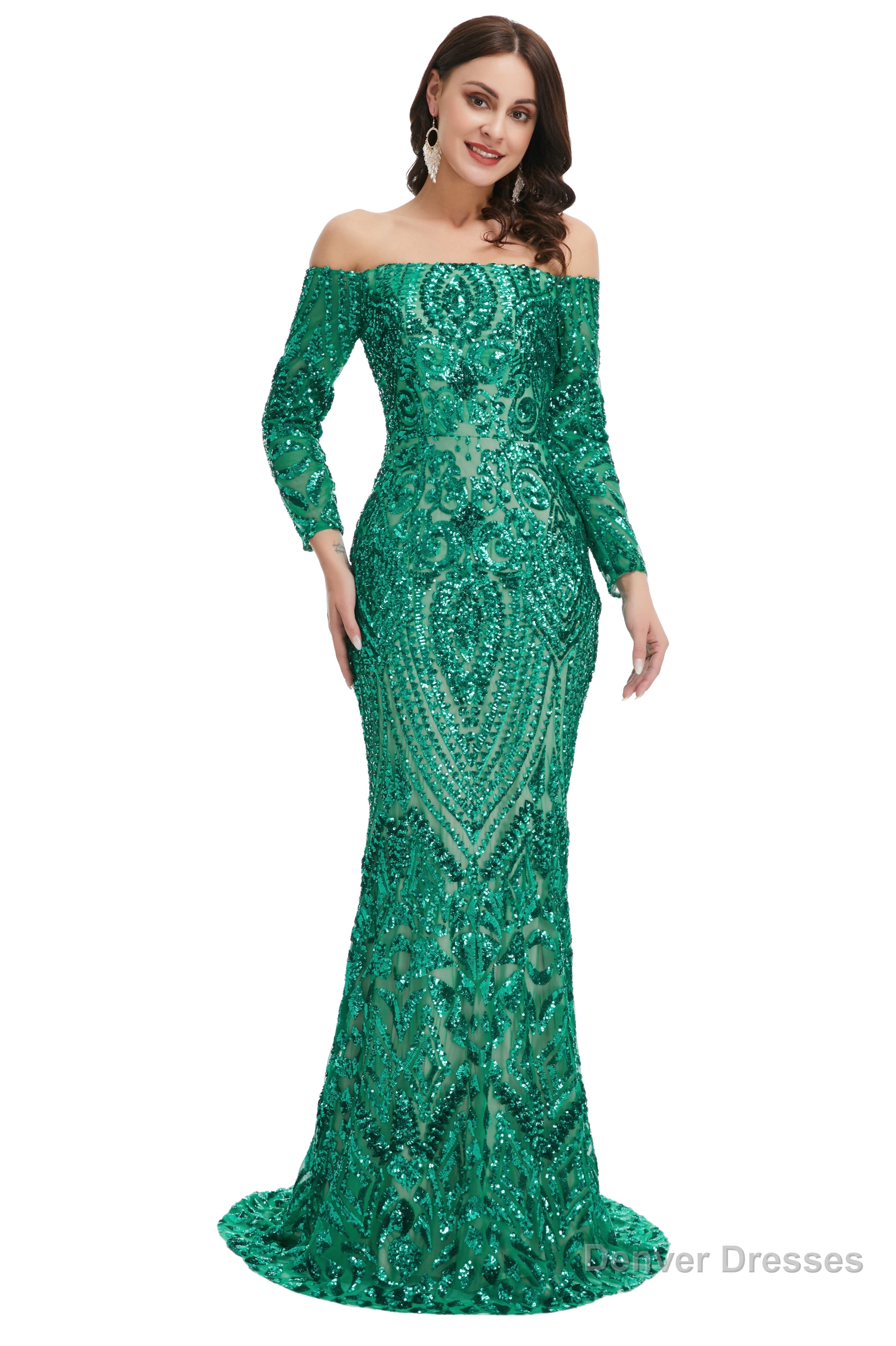 Sequins Mermaid Long Sleeves Off the Shoulder Evening Dresses