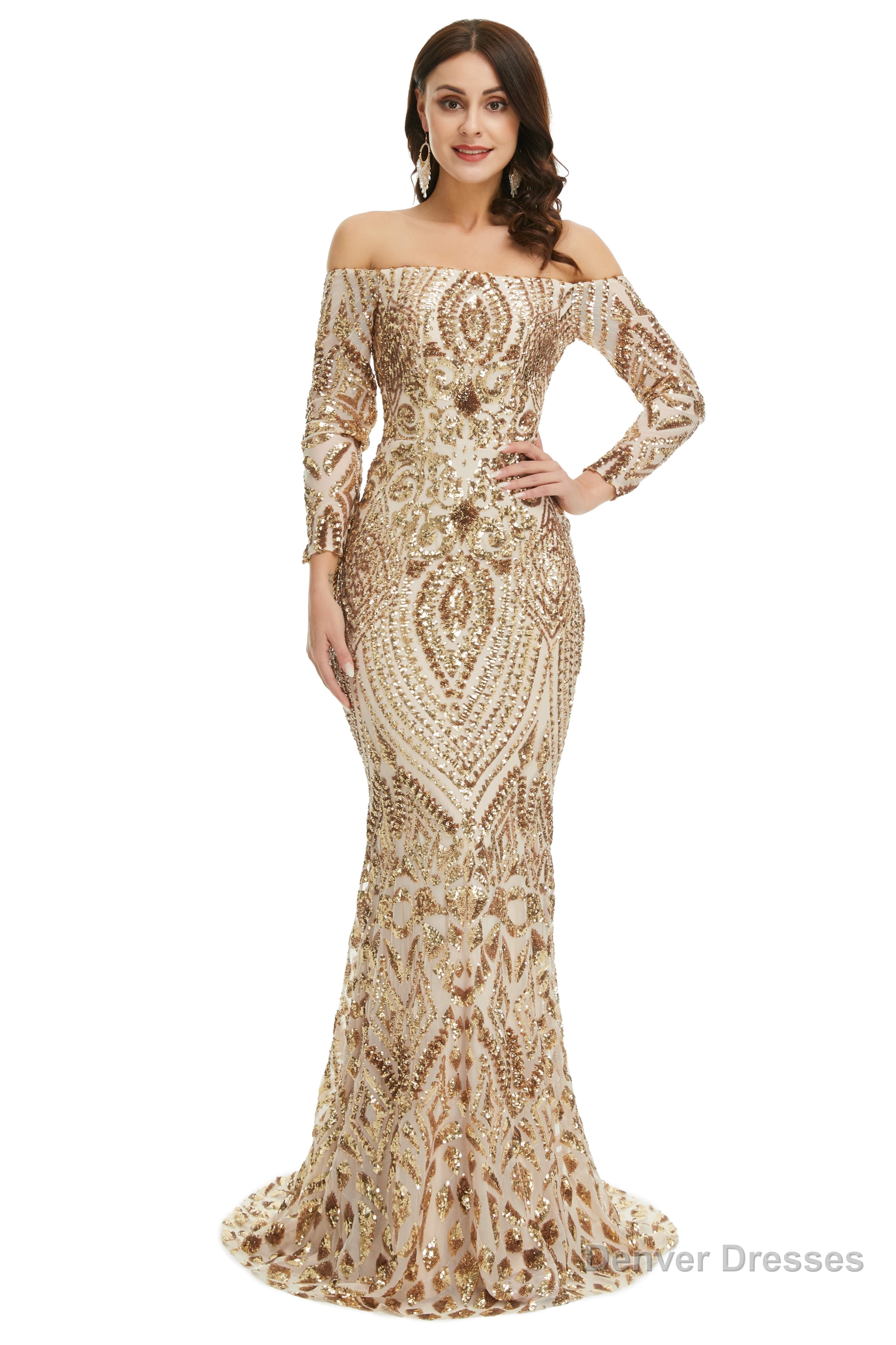 Sequins Mermaid Long Sleeves Off the Shoulder Evening Dresses