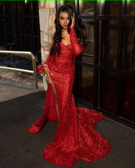 Sequins Prom Dress, Red Party Dresses, Mermaid Evening Dresses