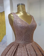 Sequins Prom Dresses Ball Gown High V Neck