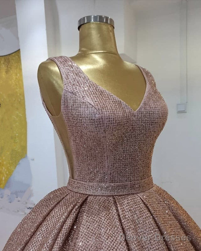 Sequins Prom Dresses Ball Gown High V Neck