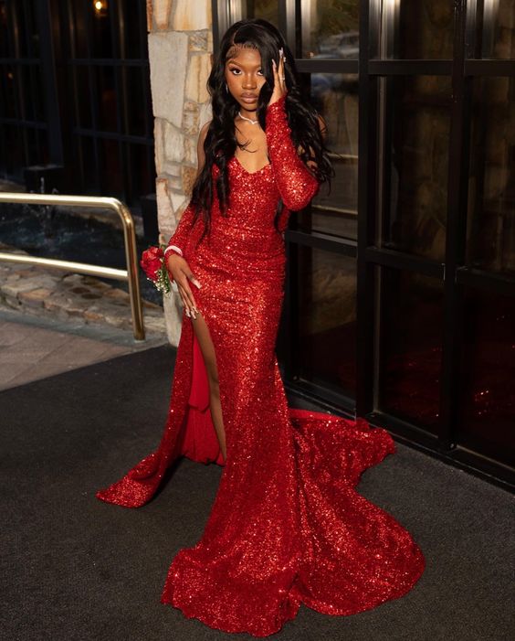 Sequins Prom Dress, Red Prom Dress, Mermaid Prom Dress Main image
