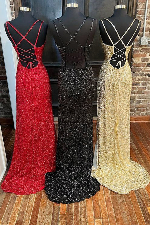 Sequins Queen Anne Lace-Up Long Prom Dress With Slit Secondary image