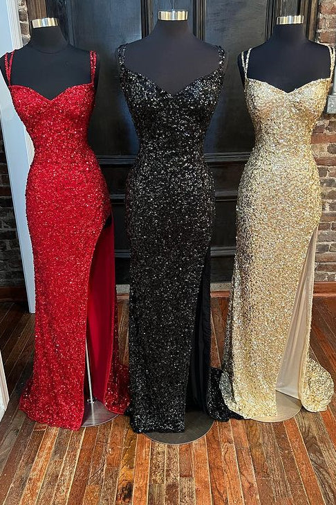 Sequins Queen Anne Lace-Up Long Prom Dress With Slit Main image