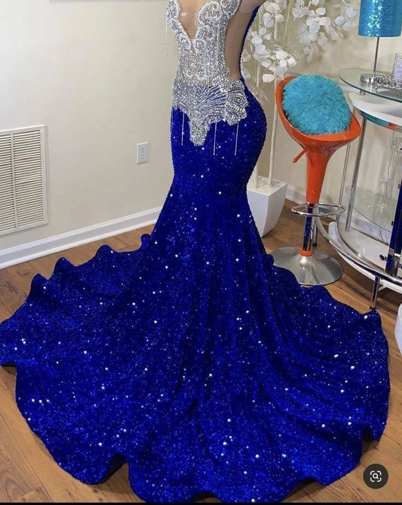 Sequins Royal Blue Long Prom Dress Beaded Wedding Dress Reception Dress Renewal Dress Secondary image