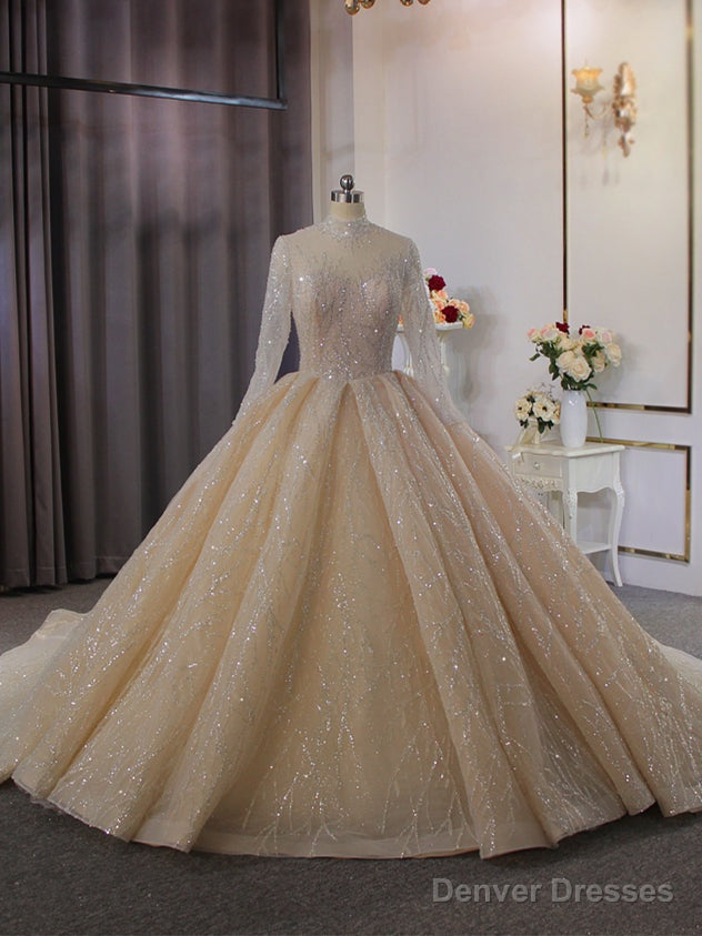 Sequins Tulle High Neck Long Sleeve Beading Wedding Dress Main image