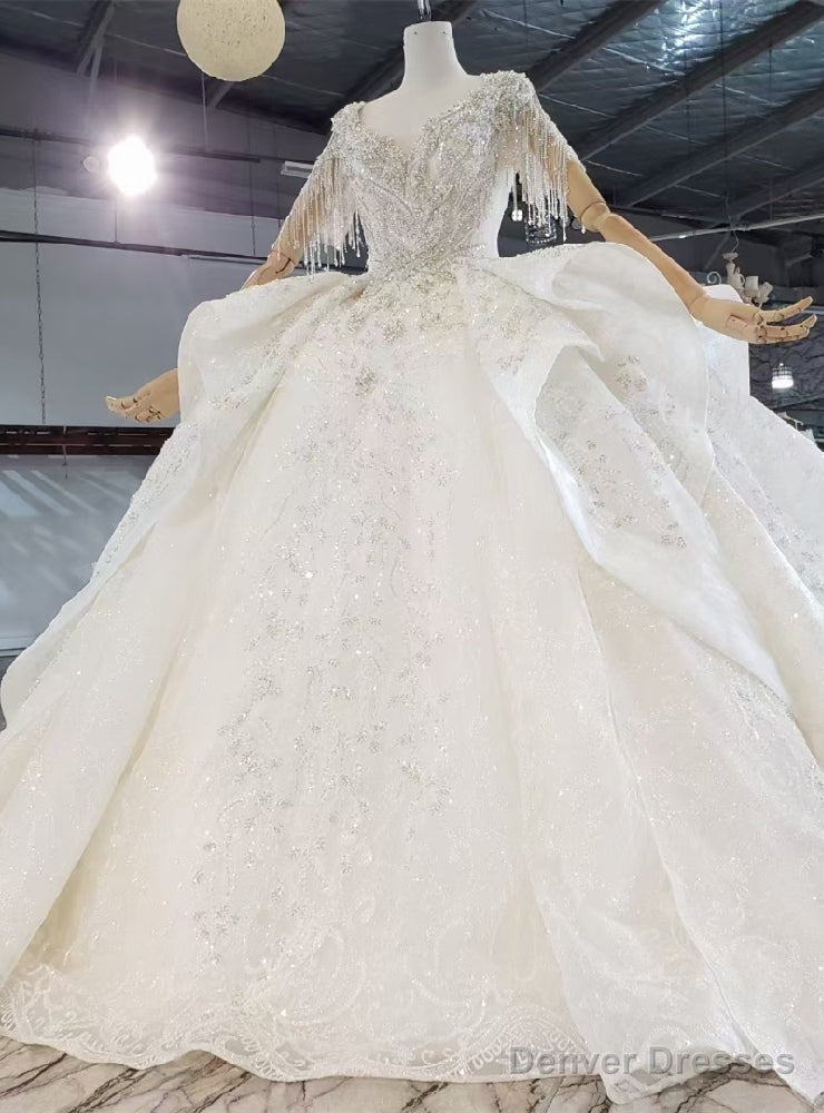 Sequins Tulle V-neck Short Sleeve Beading Wedding Dress Main image