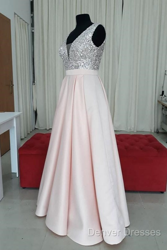 Sequins V-Neck Floor Length Satin Prom Dress