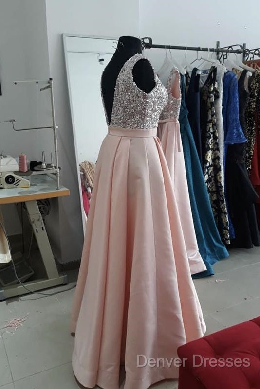 Sequins V-Neck Floor Length Satin Prom Dress