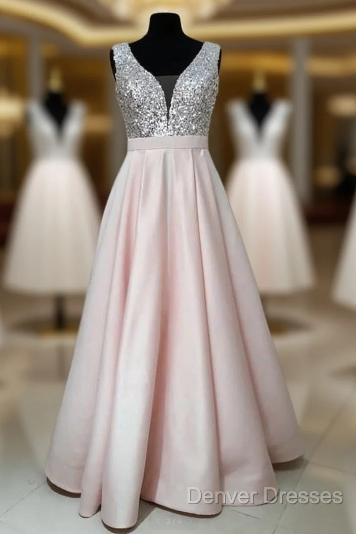 Sequins V-Neck Floor Length Satin Prom Dress Main image