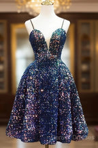 Sequins V-Neckline Short Straps Homecoming Dress, Short Sequins Prom Dress