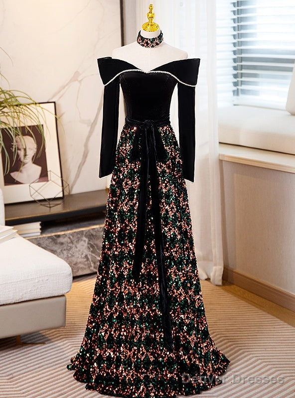 Sequins Velvet Long Sleeve Off the Shoulder Prom Dress Main image