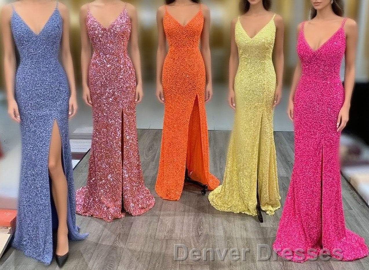 Mermaid Yellow Sequins Long Prom Dress with Slit