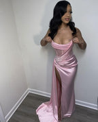 Sexy 17Th Birthday Dress Stapless Mermaid Prom Dress For Black Girls Thigh-High Slits Pleats Beading Birthday Outfits