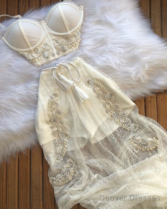Sexy 2 Pieces White Tulle Prom Dresses