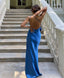 Sexy A Line Backless Royal Blue Satin Prom Dress