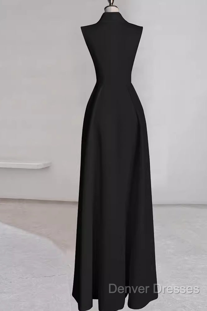Sexy A Line Black Satin Party Dress Long Prom Dress