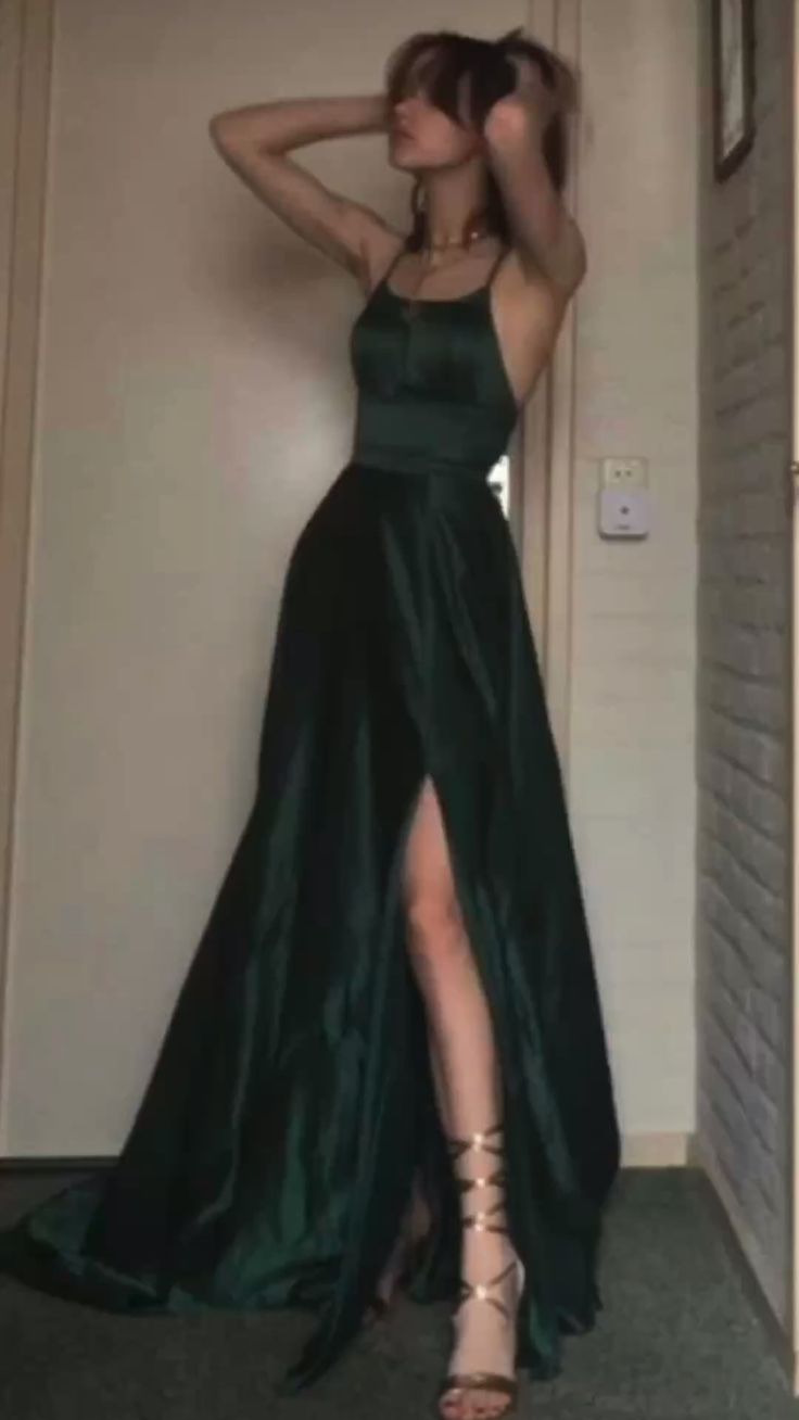Sexy A Line Halter Dark Green Satin Long Evening Gowns Prom Dress Secondary image
