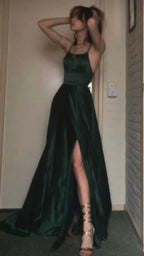 Sexy A Line Halter Dark Green Satin Long Evening Gowns Prom Dress